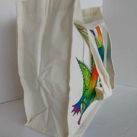 Hand-Painted Rainbow Gecko Tote Bag: Reusable Canvas Shopping Bag 14x13x7 - Picture 6 of 16